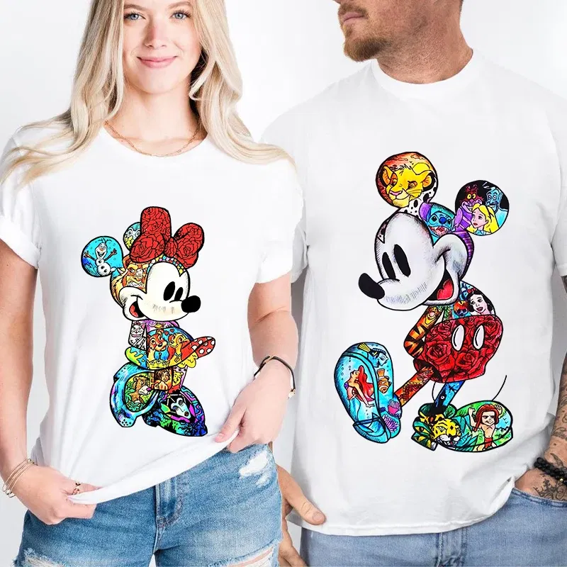 Color: black, Size: XS?€old?‰ - Disney Couples Mickey Mouse Minnie Print T-shirt Couples Men's and Women's Cotton Short Sleeve Casual Tops