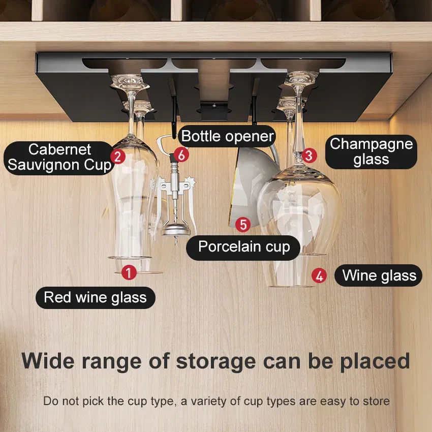 Color: Dark Khaki - Stainless Steel Under Cabinet Wine Glass Cup Holder Space-Saving Bar Counter Shelf Storage Rack Hanging Hooks Goblet Pokal Stand