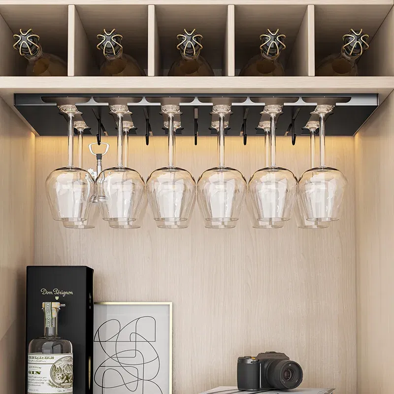 Color: Dark Khaki - Stainless Steel Under Cabinet Wine Glass Cup Holder Space-Saving Bar Counter Shelf Storage Rack Hanging Hooks Goblet Pokal Stand