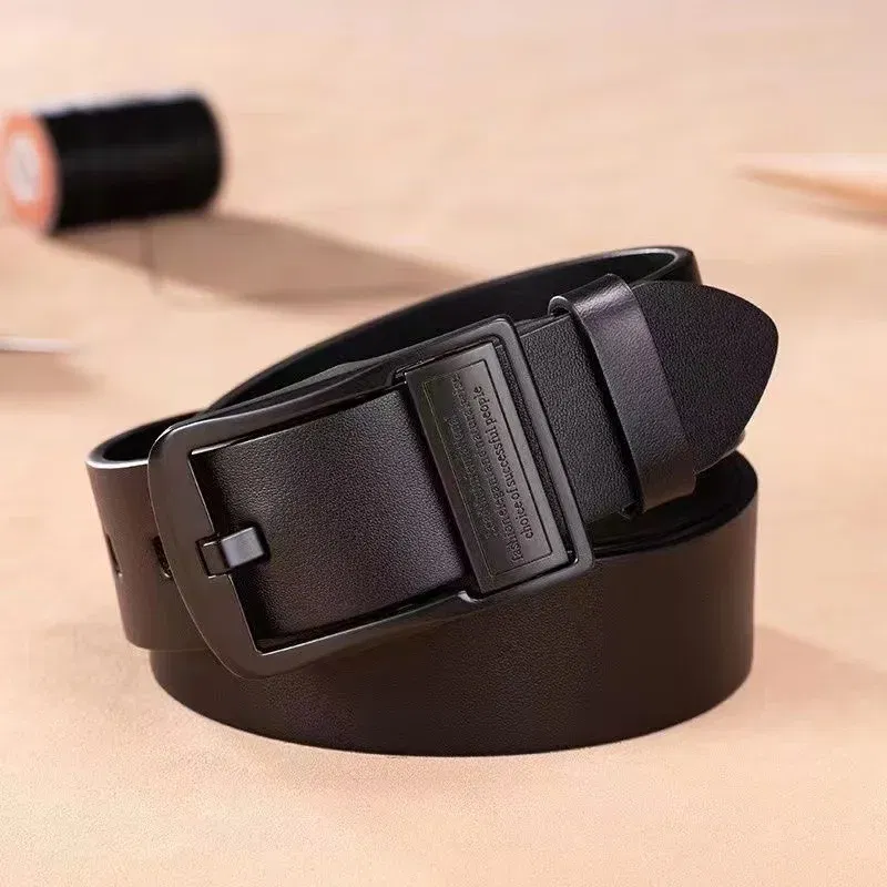 Color: black, Belt Length: 120cm - New Leather Cowhide Men's Belt Fashion Metal Alloy Pin Buckle Adult Luxury Brand Jeans Business Casual Waist Male Strap Brand