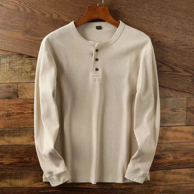 Color: GRAY, Size: M, Ships From: CHINA - Slim Fit Mens Basic Tee Casual Tshirts Henley Waffle Long Sleeve Shirts Thermal Solid Half Button Breathable 100% Cotton Shirts