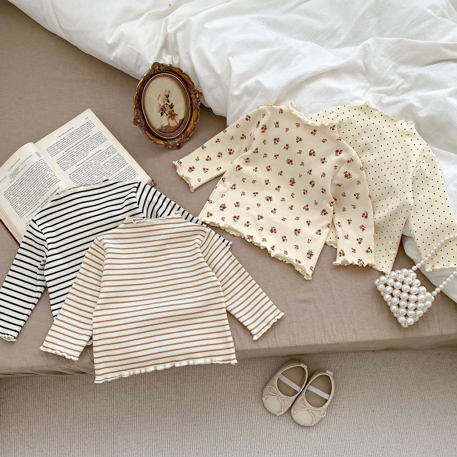 Color: Gold, Kid Size: 9M - New Baby Long Sleeve T Shirt Girls Cotton Casual Tees Infant Ruffled Versatile Shirts Kids Floral Striped Bottoming Tops