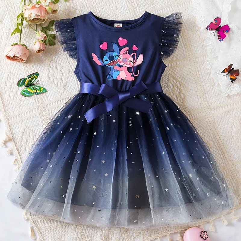 Color: PURPLE, Kid Size: 5 - Lilo Stitch Girls Sequin Tutu Dress with Bow Flutter Sleeves Summer Princess Party Outfit for Toddler Kids 2-6 Years
