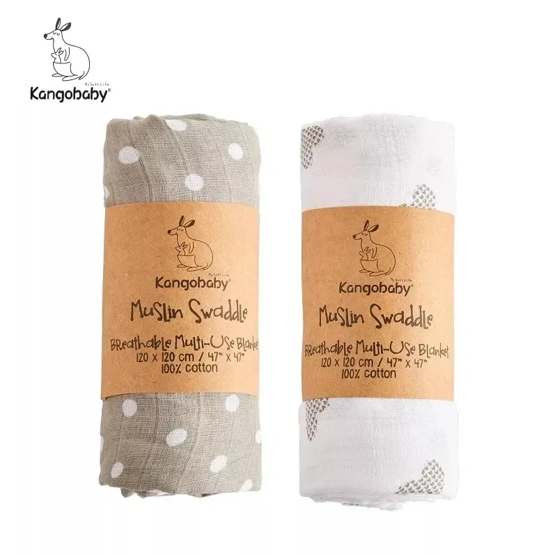 Color: Orange - Kangobaby New Design 2pcs Set Double Layers 100% Cotton Newborn Baby Muslin Swaddle Blanket