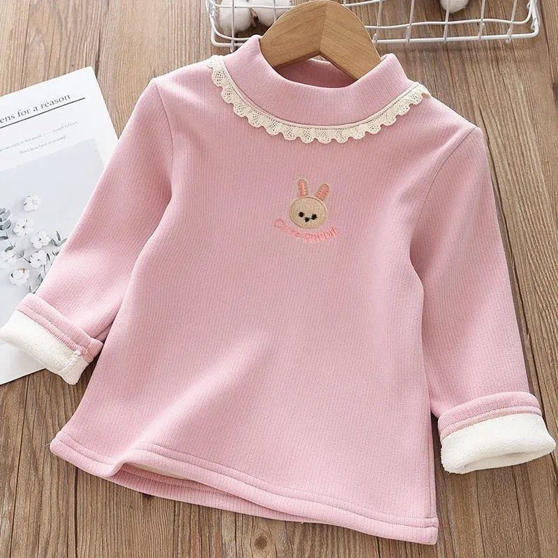 Color: black, Kid Size: 5 - 1pcs Children's T-Shirts Rabbit Embroidery Velvet warm top Kids Half High Collar Long Sleeve Base Shirt Girls Tshirts Clothes