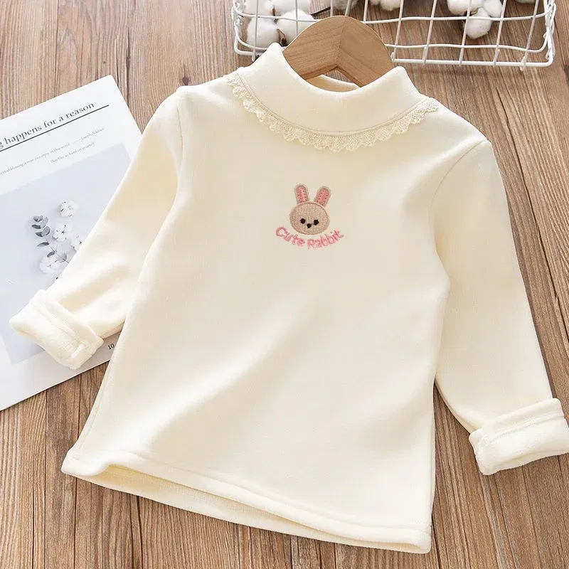 Color: black, Kid Size: 5 - 1pcs Children's T-Shirts Rabbit Embroidery Velvet warm top Kids Half High Collar Long Sleeve Base Shirt Girls Tshirts Clothes