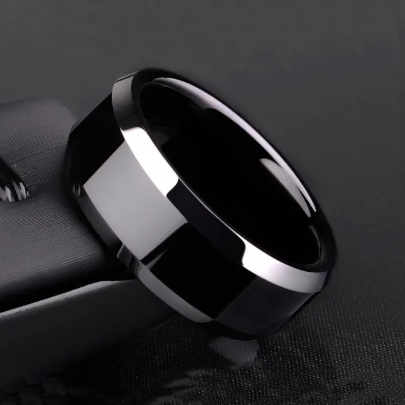 Main Stone Color: GRAY, Ring Size: 9 - Auxauxme 8mm Black Titanium Stainless Men Ring Simple Wedding Bands Rings Gift For Male Jewelry Size 5-13 Drop shipping