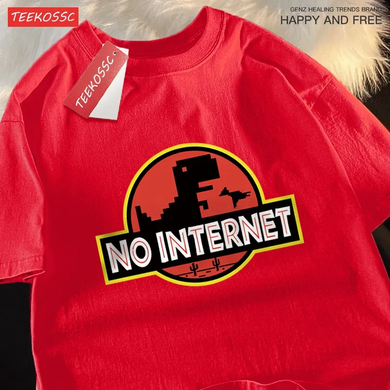 Color: Pink, Size: M - No Internet Fun Little Dinosaur Short Sleeve Mens Cartoons Cotton Tshirt Summer High Quality Clothing Fashion Oversize T-Shirts