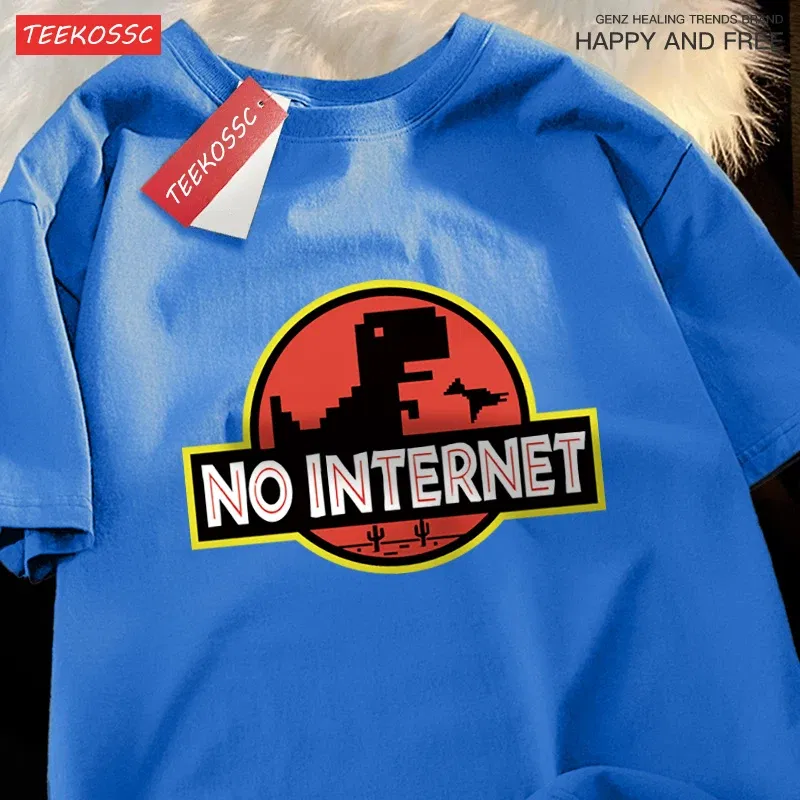 Color: Pink, Size: M - No Internet Fun Little Dinosaur Short Sleeve Mens Cartoons Cotton Tshirt Summer High Quality Clothing Fashion Oversize T-Shirts