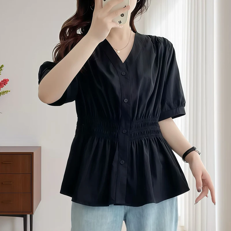 Color: Silver#, Size: 0XL - 200 Pounds Plus Size Elastic Waist Summer Shirt And Blouse Short Sleeve Solid Top Women's New In Clothes Simple V-neck French