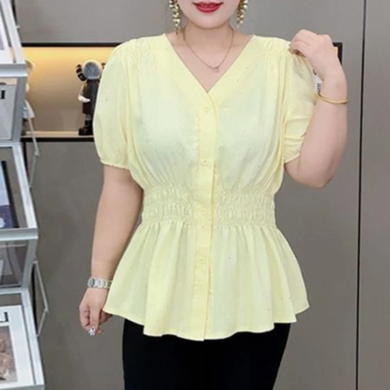 Color: Silver#, Size: 0XL - 200 Pounds Plus Size Elastic Waist Summer Shirt And Blouse Short Sleeve Solid Top Women's New In Clothes Simple V-neck French