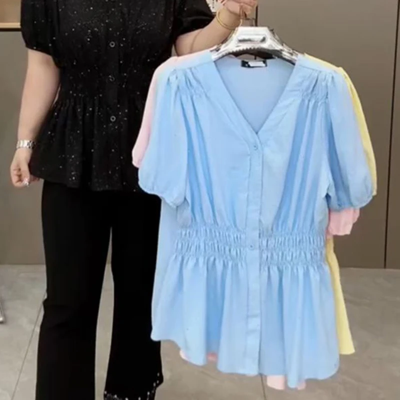 Color: Silver#, Size: 0XL - 200 Pounds Plus Size Elastic Waist Summer Shirt And Blouse Short Sleeve Solid Top Women's New In Clothes Simple V-neck French