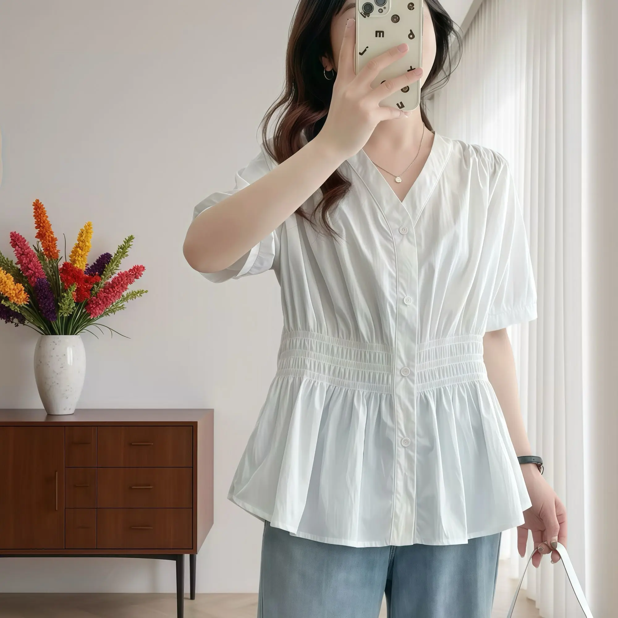 Color: Silver#, Size: 0XL - 200 Pounds Plus Size Elastic Waist Summer Shirt And Blouse Short Sleeve Solid Top Women's New In Clothes Simple V-neck French
