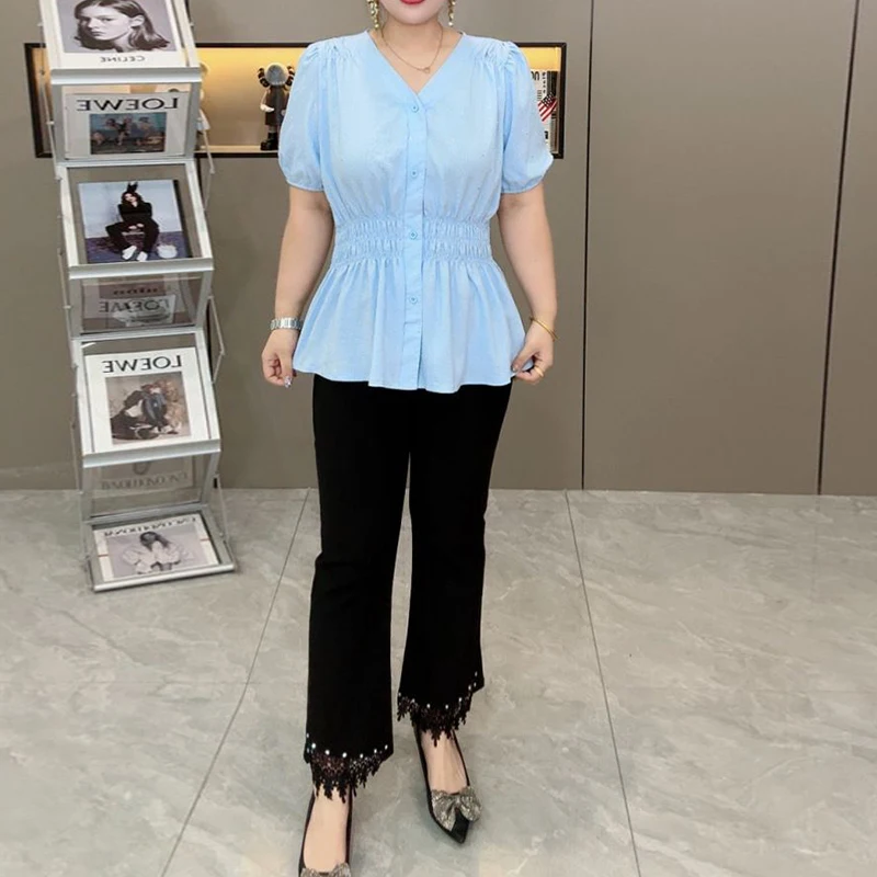 Color: Silver#, Size: 0XL - 200 Pounds Plus Size Elastic Waist Summer Shirt And Blouse Short Sleeve Solid Top Women's New In Clothes Simple V-neck French