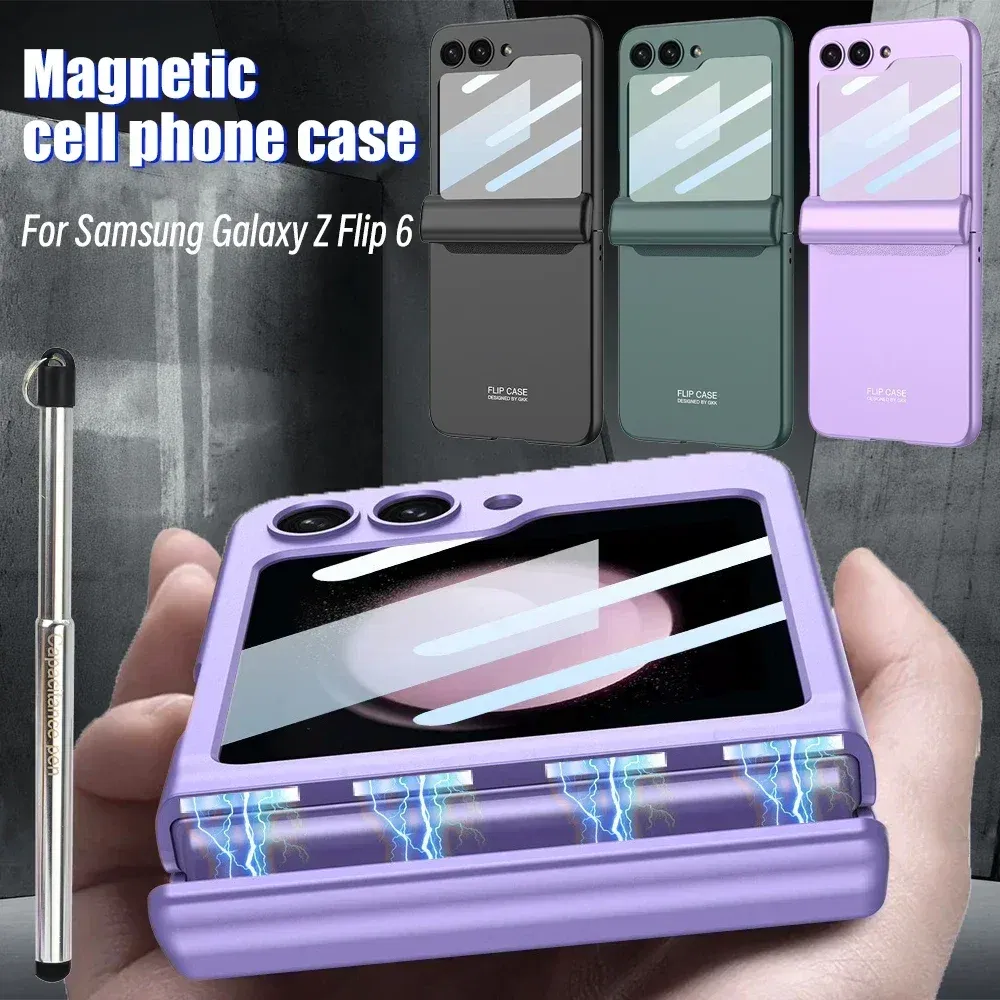 Color: black, Bundle: Case & Screen Protector - For Samsung Galaxy Z Flip 6 Magnetic Phone Case with Stylus Pen Hinge Protection Drop-Proof Protective Shell for Z Flip6 Covers