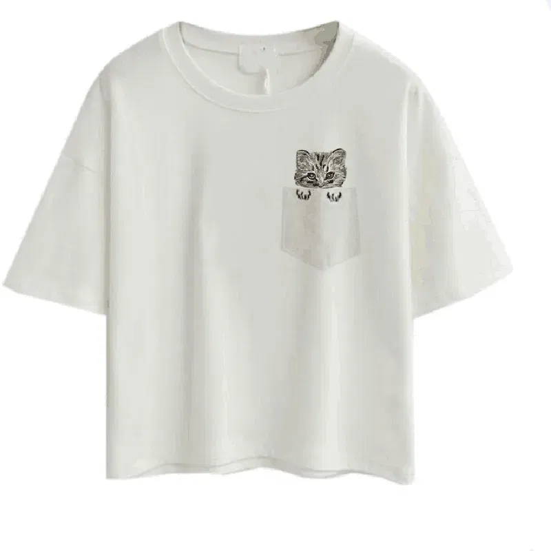 Color: WHITE, Size: S, Ships From: CHINA - 2021 Summer Cotton Short Sleeved Crop Top T-shirt Femme Embroidered Cat T Shirts Cartoon Women Fashion Cactus Top Tee T Shirt