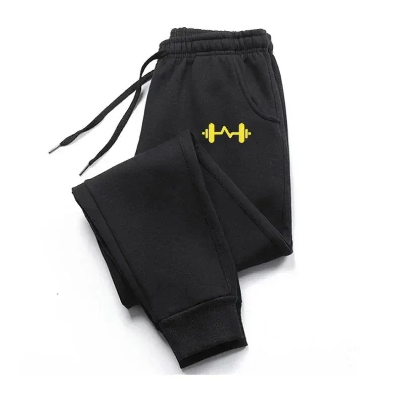 Size: XXXL, Color: GRAY - 2024 Barbell Printed Fleece Men's Trousers Autumn Winter Pants Fashion Drawstring Casual Male Sweatpants Jogging Sports Pants