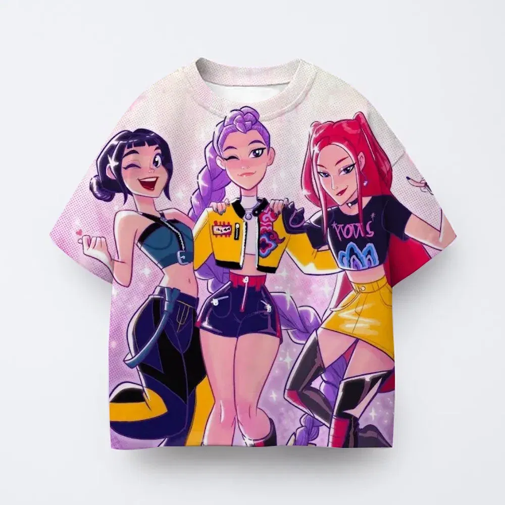 Color: SKY BLUE, Kid Size: 9 - Toddler Girl Clothes Kpop Demon Hunters Cartoon Tee Shirt Funny Gift for Fans Harajuku Cool Kids T-shirts Cotton Summer Tops