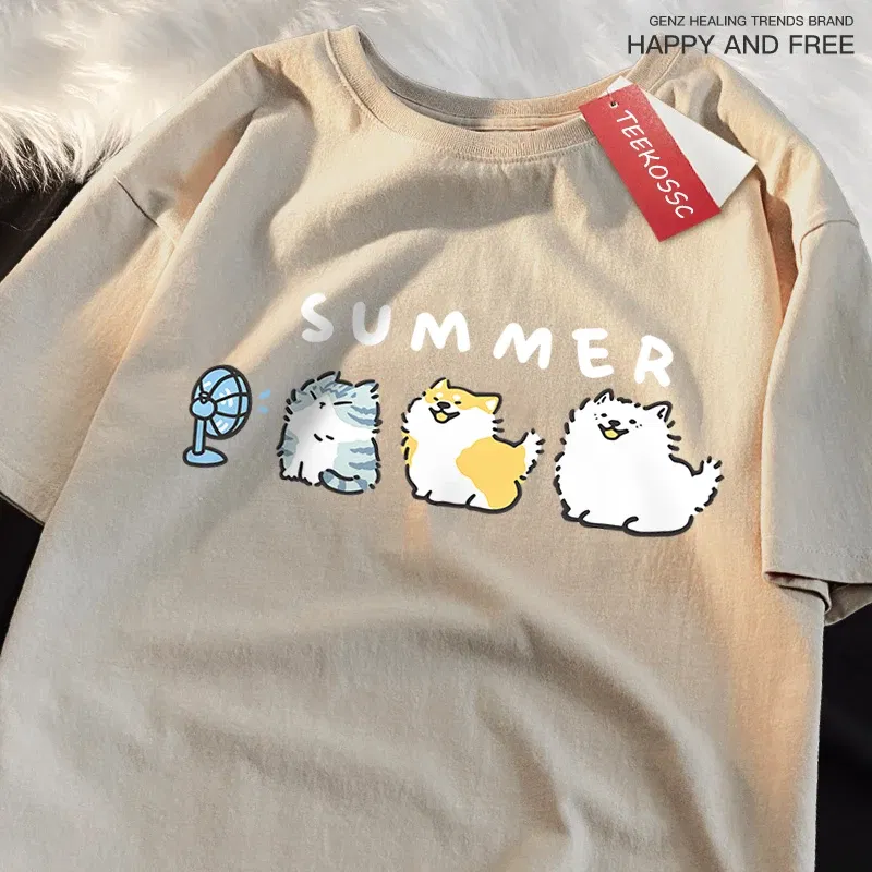 Color: Pink, Size: L - Cats And Dogs Blowing Fans Print T Shirts Men Women Cute Crewneck Clothes Loose Summer T-Shirts Fashion Cotton Short Sleeve