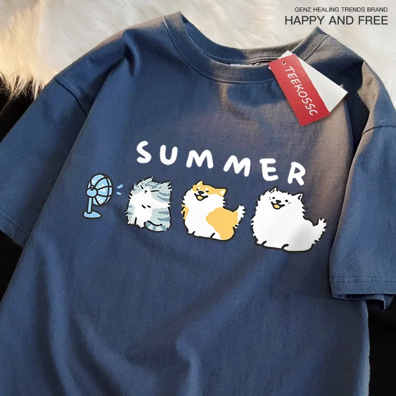 Color: Pink, Size: L - Cats And Dogs Blowing Fans Print T Shirts Men Women Cute Crewneck Clothes Loose Summer T-Shirts Fashion Cotton Short Sleeve