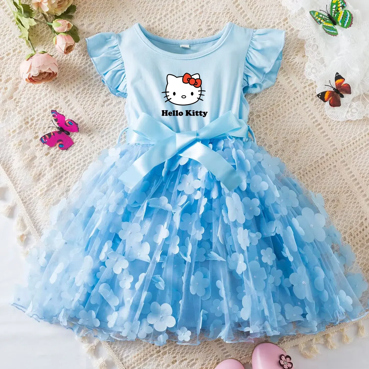 Color: Burgundy, Size: XS - Hello Kitty Summer Dress for Kid's Casual Clothes 3D Butterfly Cute Baby Girls Princess Dress Party Dresses 2-6 Yrs