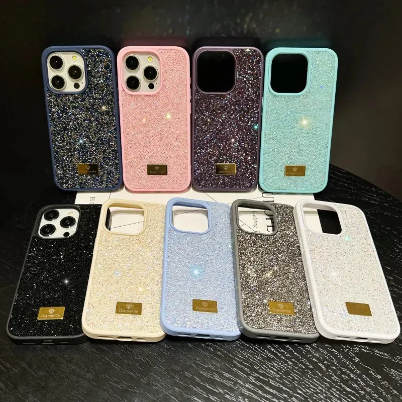 Material: Silicon, Color: Blue - Luxury INS Dazzling Full Covered Zircon Macaroon Color Phone Case for iPhone 16 15 14 11 12 13 Pro Max Plus Back Cover