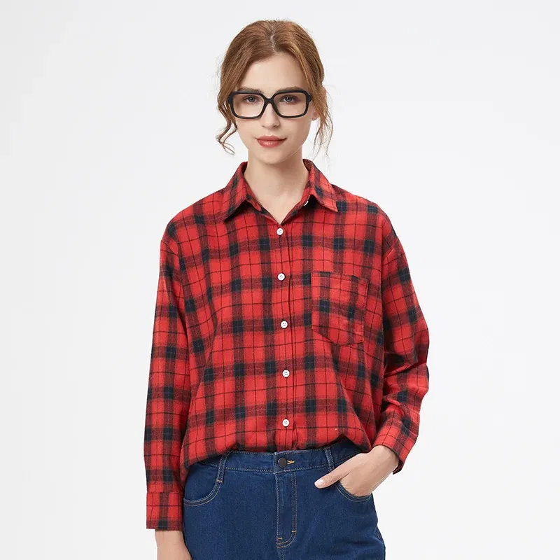 Color: Lavender, Size: S - Fresh Flannel Plaid Shirt Women 2025 New Female Blouses and Tops Cotton Loose Long Sleeve Casual Shirts Fine Women's Clothes