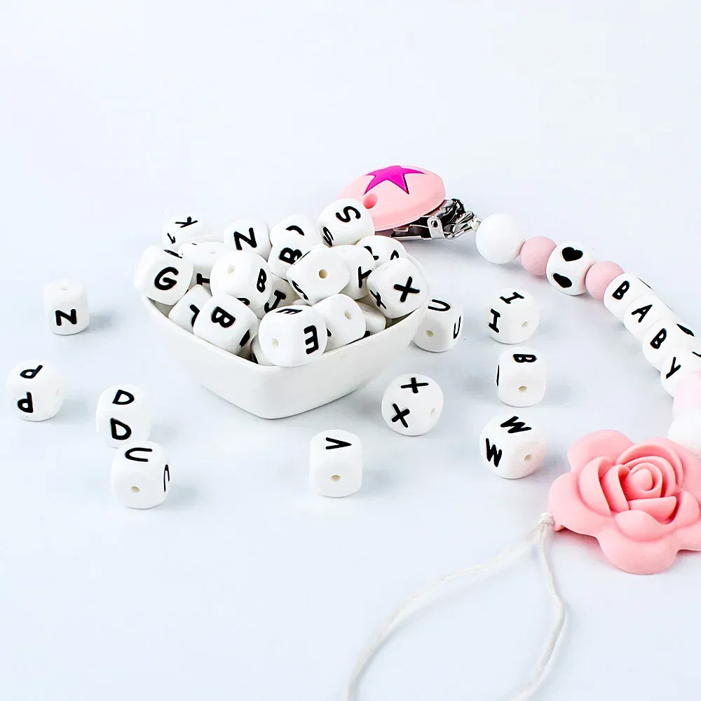 Color: Army Green - 100Pcs Baby Teether 12mm Silicone Letters Beads Pacifier Clip Chain Personalized Name Letter Beads Teething Nursing Toy BPA Free