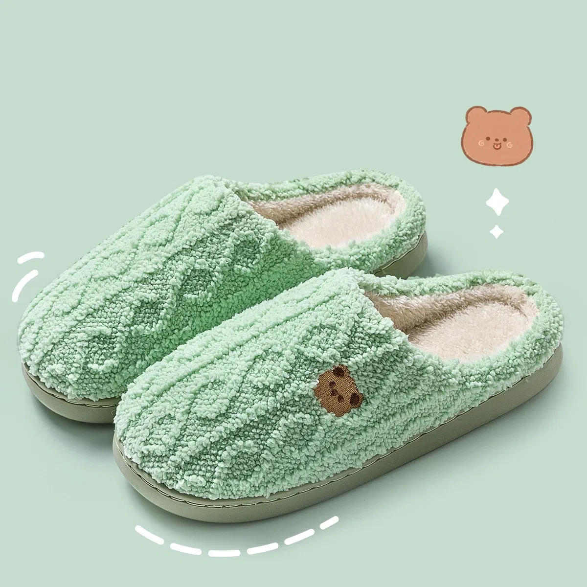 Color: Grass-Green, Shoe Size: 40-41, Ships From: CHINA - Asgard Women Winter Fur Slippers Indoor Fluffy Couple Bedroom Flat Slides Cute Bear Women Fuzzy House Slippers Warm Cotton Shoes