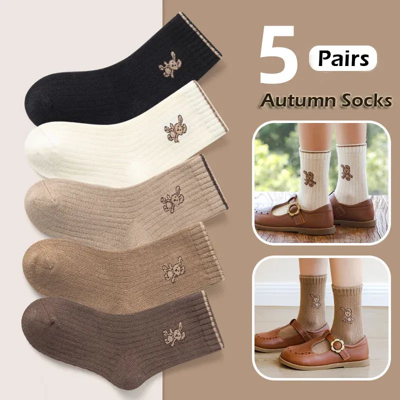 Color: army green, Size: 2-3T - Autumn Socks Baby 5 Pairs Cartoon Bunny Pattern Socks Girls Calf Length Children Socks Solid Cotton Socks