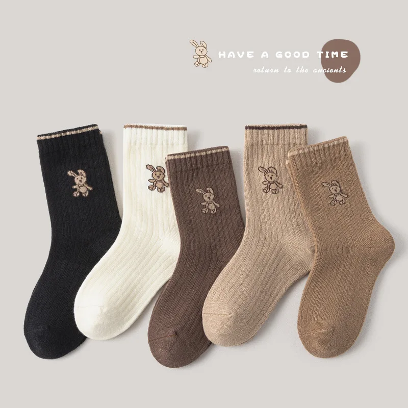 Color: army green, Size: 2-3T - Autumn Socks Baby 5 Pairs Cartoon Bunny Pattern Socks Girls Calf Length Children Socks Solid Cotton Socks