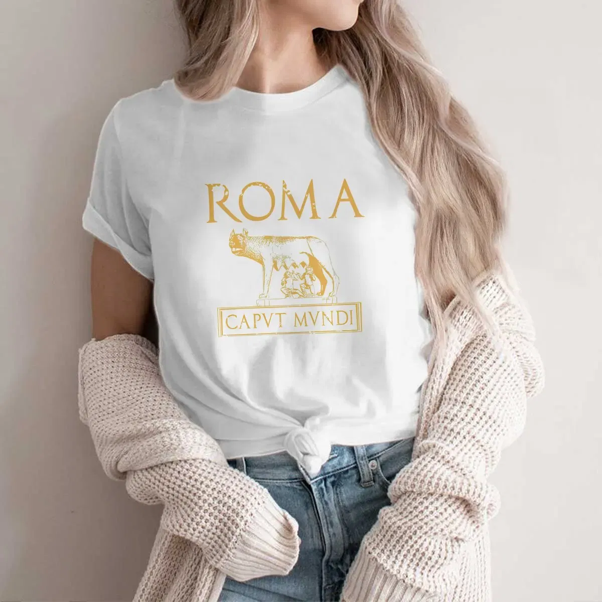 Color: WHITE, Size: M - Roma Caput Mundi Casual Polyester TShirt Ancient Rome Style Streetwear Leisure T Shirt Female