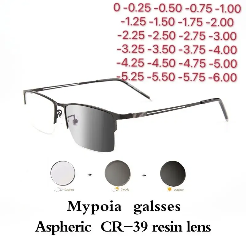 Frame Color: WHITE, Eye Prescription: +325 - Sun Photochromic Finished Myopia Glasses Women Men Metal Half Frame Chameleon Short-sight Eyewear0 -0.5 -0.75 -1.0  To -6.0