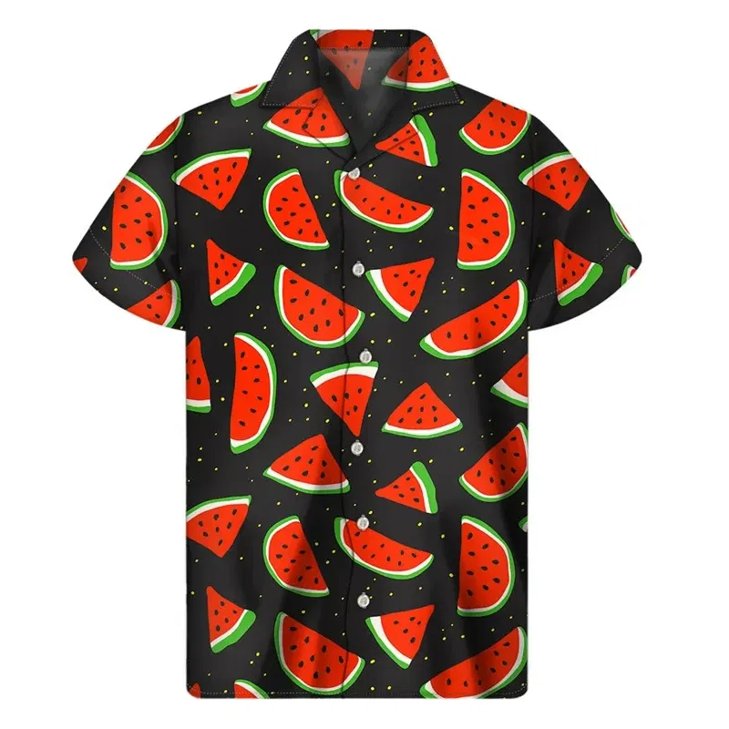 Color: Pink, Size: 4XL - Tropical Watermelon Graphic Hawaiian Shirt Summer Street Short Sleeves 3d Printed Fruits Button Shirts Men Clothes Lapel Blouse