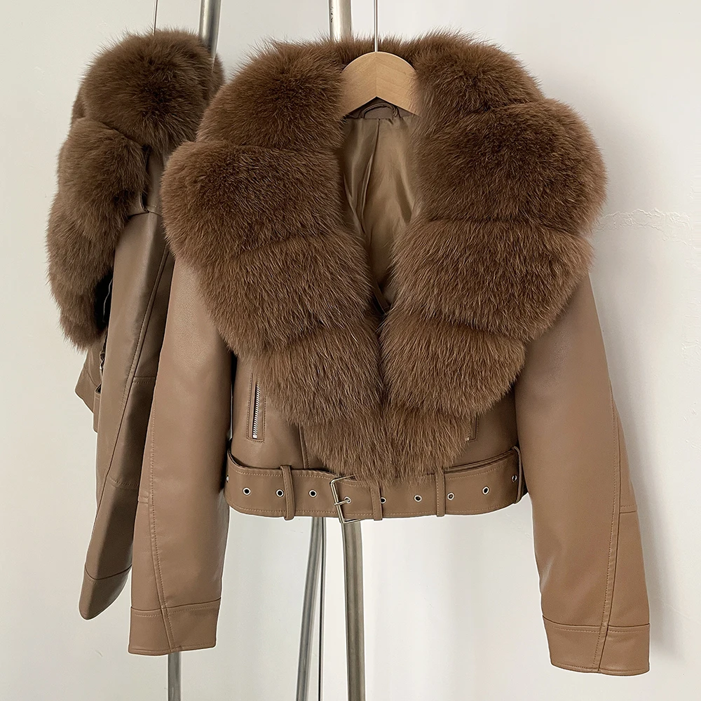 Color: Navy Blue, Size: S - Fake Leather Coat New Natural Fox Fur Autumn Short Faux Leather Jacket Female Spring PU Women Long Sleeve Real Fur Coat Thin