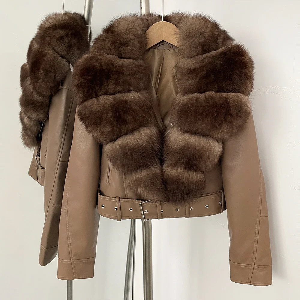 Color: Navy Blue, Size: S - Fake Leather Coat New Natural Fox Fur Autumn Short Faux Leather Jacket Female Spring PU Women Long Sleeve Real Fur Coat Thin