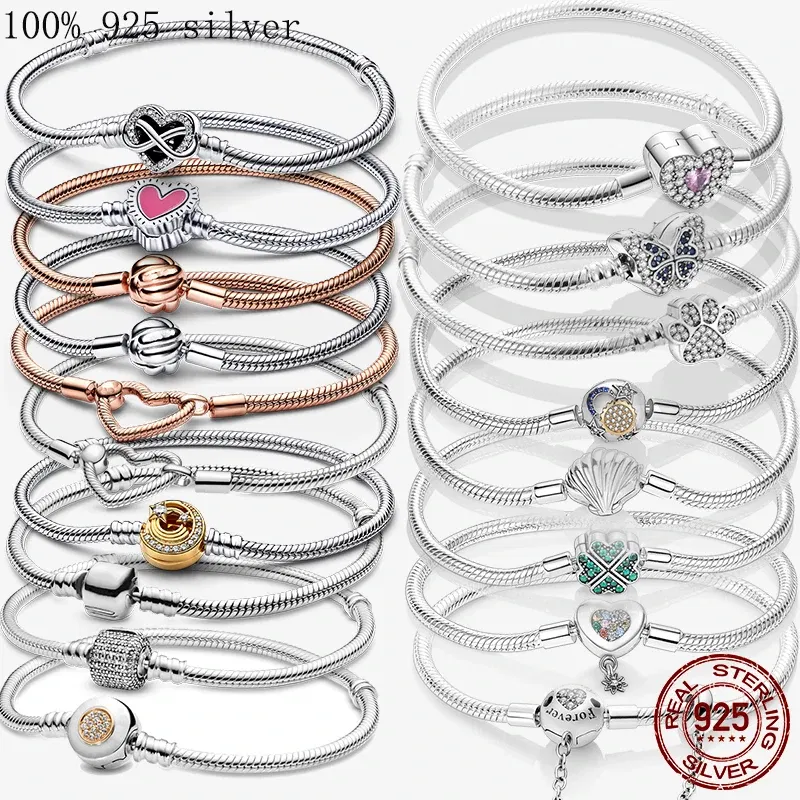 Gem Color: Watermelon red, Length: 20cm - 925 Silver Heart Snake Chain Bracelet For Women Infinite Knot Butterfly Infinity Clasp Femme Bracelet Bangles Jewelry Gift