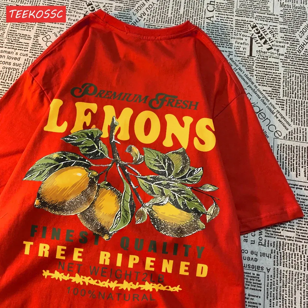Color: Dark Brown, Size: M - Summer Lemon Cherries Prints T-Shirts Cotton Women's Tops Oversize O-Neck Soft Short Sleeve tees Street Casual Womans Clothes