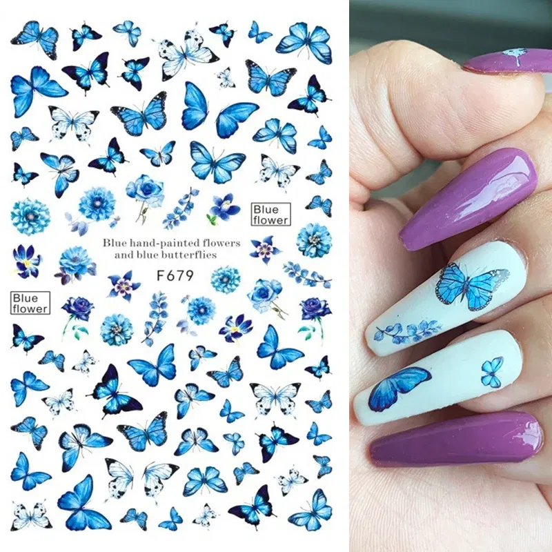 Color: Yellow - 3D Blue Butterfly Adhesive Stickers Nail Art Decoration Laser Flowers Leaves Nail Sticker Nail Art Supplies Nail Parts