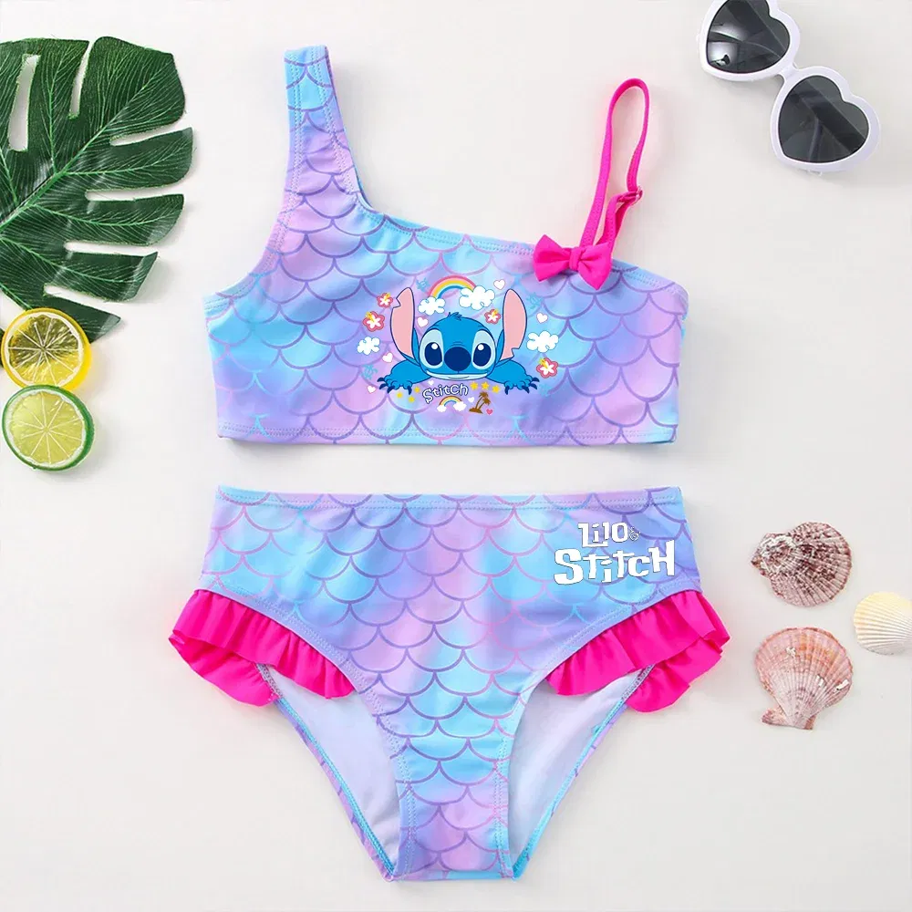 Color: Light Green, Size: XS - Lilo Stitch Girls Swimsuit One-Piece Bathing Suits Children's Dresses Summer Swimwear Beach Suit Kids Wear Fashion Mermaid Fish