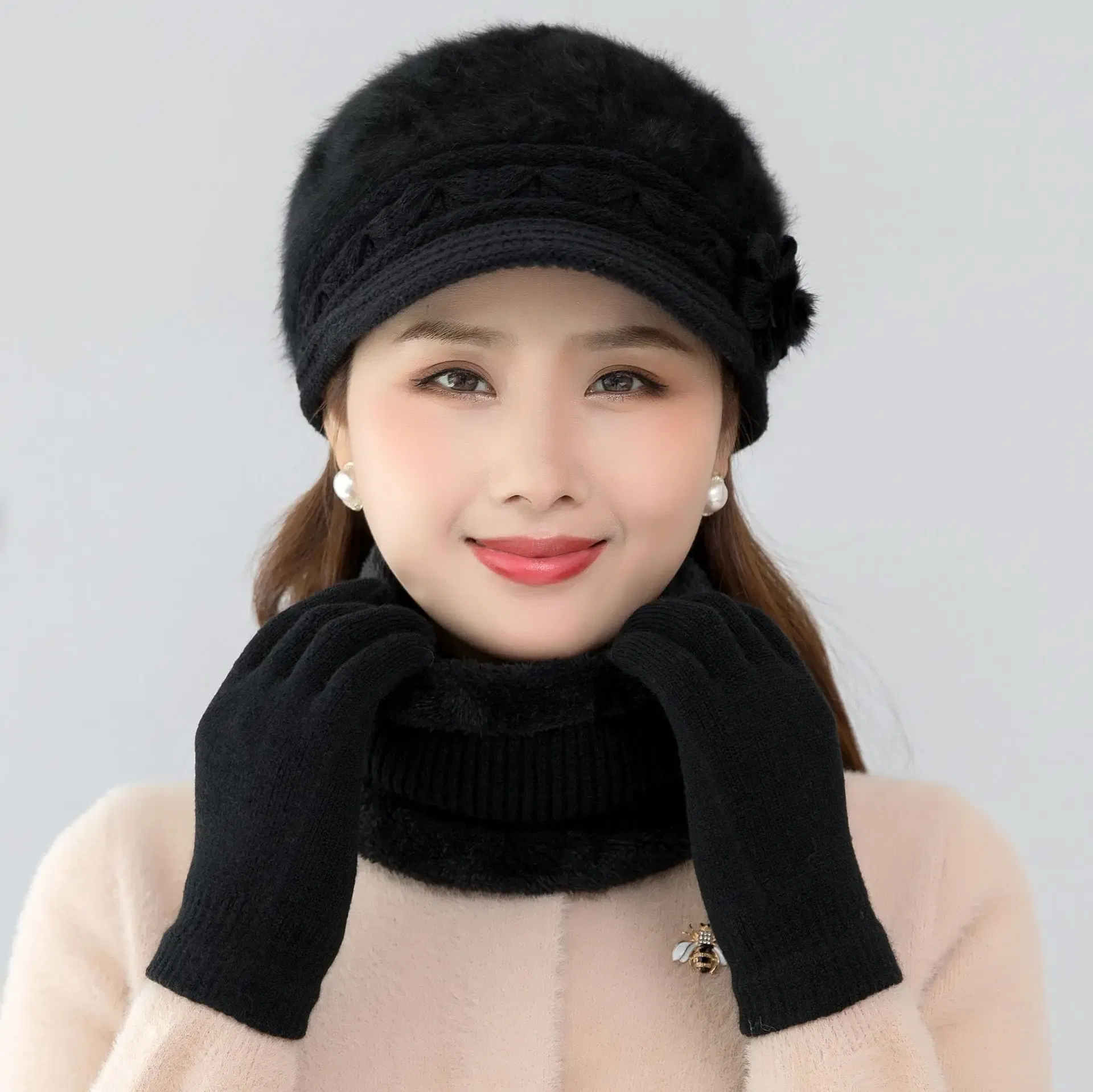 Color: SKY BLUE - New Women Winter Hat Keep Warm Cap Add Fur Lined Hat & Scarf Warm Set Fashion Hat For Women Casual Faux Fur Flower Knitted Hat