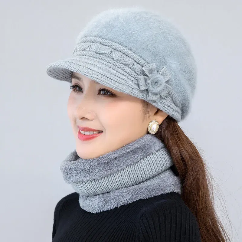 Color: SKY BLUE - New Women Winter Hat Keep Warm Cap Add Fur Lined Hat & Scarf Warm Set Fashion Hat For Women Casual Faux Fur Flower Knitted Hat