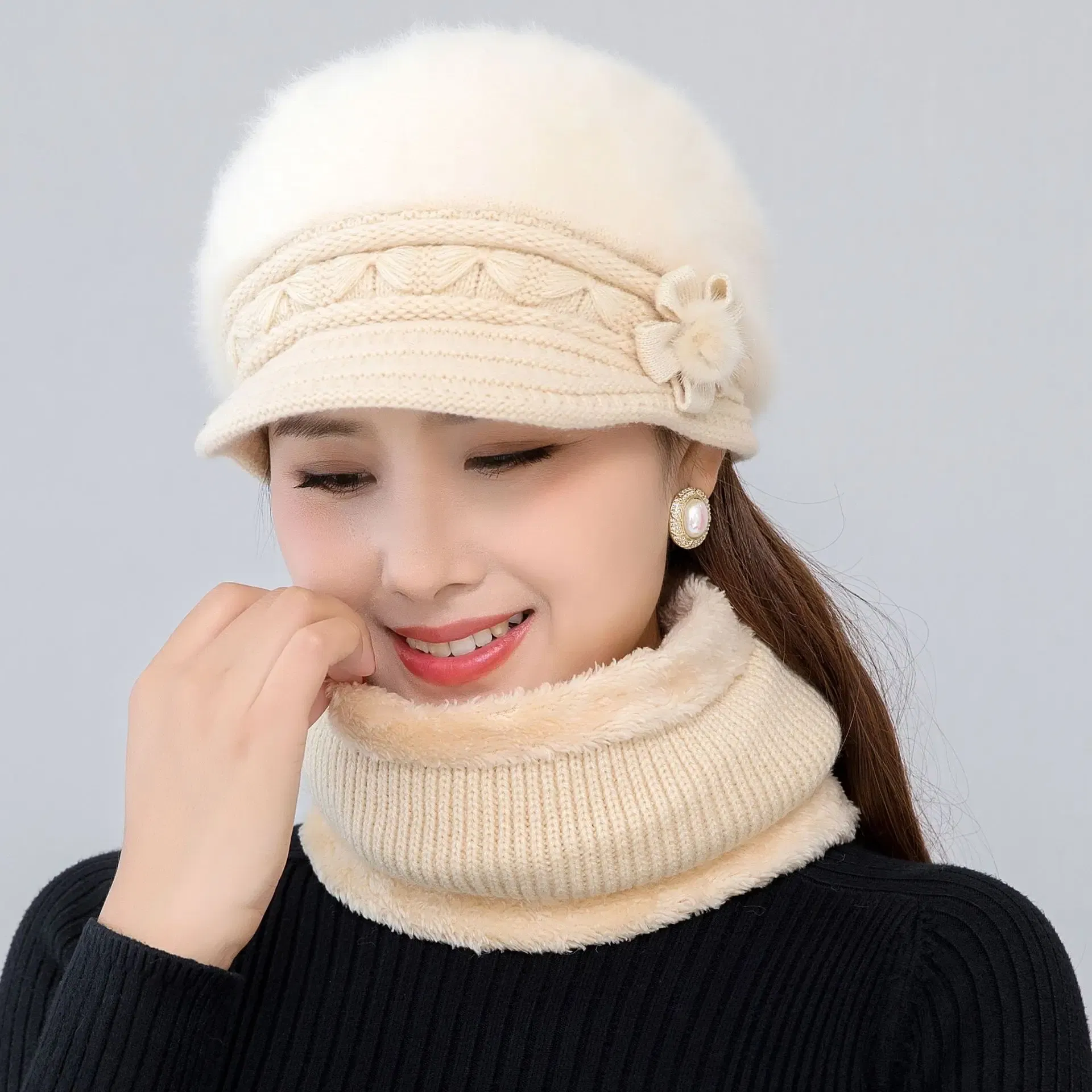 Color: SKY BLUE - New Women Winter Hat Keep Warm Cap Add Fur Lined Hat & Scarf Warm Set Fashion Hat For Women Casual Faux Fur Flower Knitted Hat