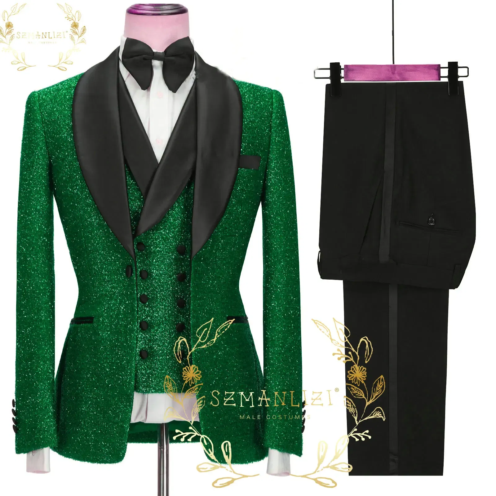Color: Gold, Size: XS - SZMANLIZI 2022 Latest Designs Black Floral Party Blazer Men Suits Costume Homme Groom Tuxedos Wedding Terno Masculino 3 Pieces