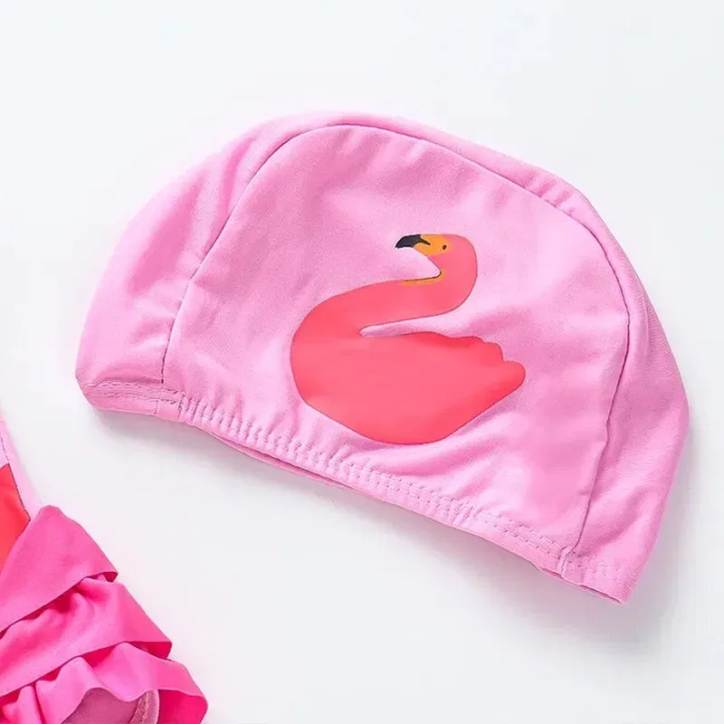 Size: L, Color: Pink - Summer Girls Swimsuit Children Korean Cartoon One-piece Children Hot Spring Triangle Set With Swimming Cap