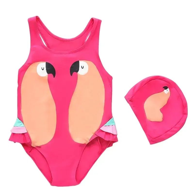 Size: L, Color: Pink - Summer Girls Swimsuit Children Korean Cartoon One-piece Children Hot Spring Triangle Set With Swimming Cap