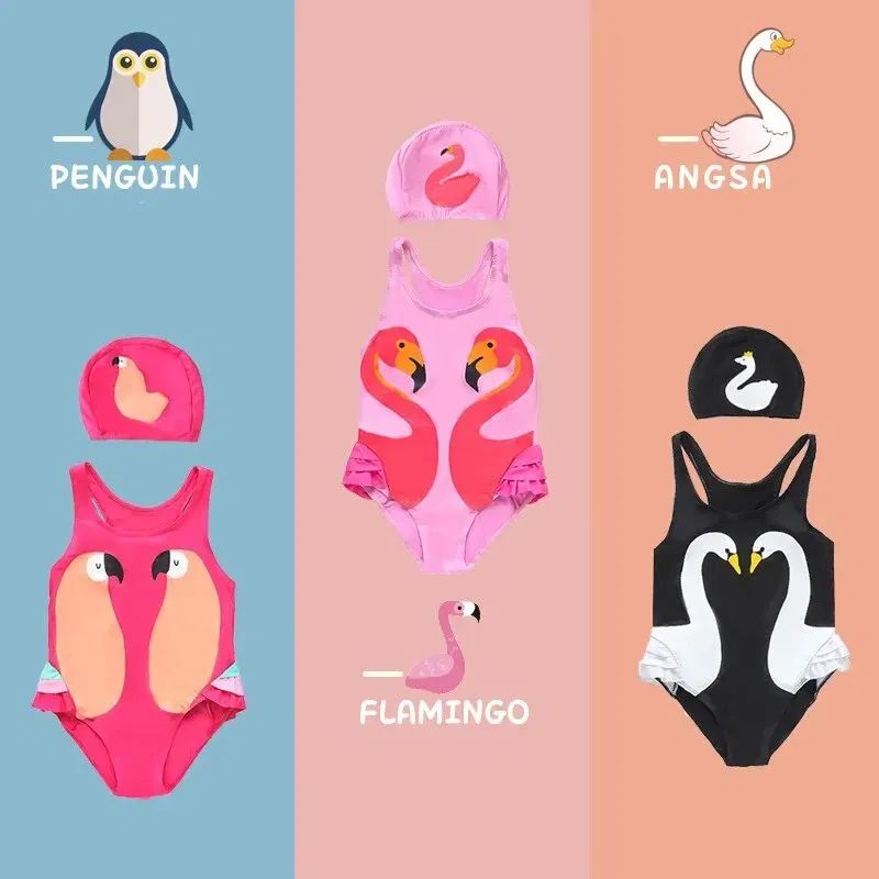 Size: L, Color: Pink - Summer Girls Swimsuit Children Korean Cartoon One-piece Children Hot Spring Triangle Set With Swimming Cap