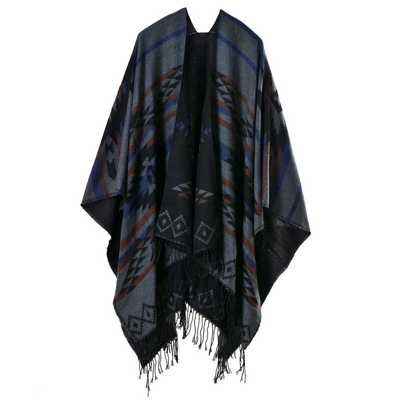 Color: SKY BLUE, Size: One Size, Ships From: CHINA - European American Popular Tassel Thickened Cashmere Like National Style Travel Fork Shawl Scarf in autumn Ponchos Capes