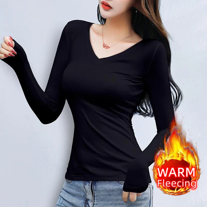 Color: army green, Size: XXL - O Neck Long Sleeve Fleeceing Heating Fiber Thermal Basic T-Shirts Women Winter Bottoming Cropped Tops Casual Skinny All-match