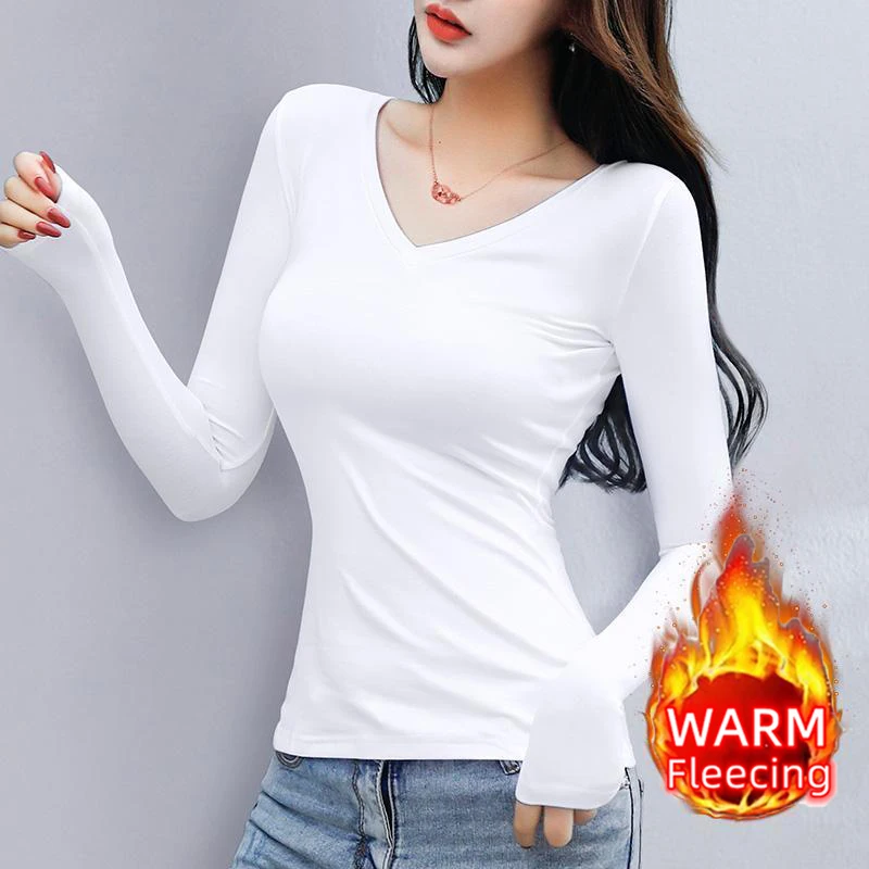 Color: army green, Size: XXL - O Neck Long Sleeve Fleeceing Heating Fiber Thermal Basic T-Shirts Women Winter Bottoming Cropped Tops Casual Skinny All-match